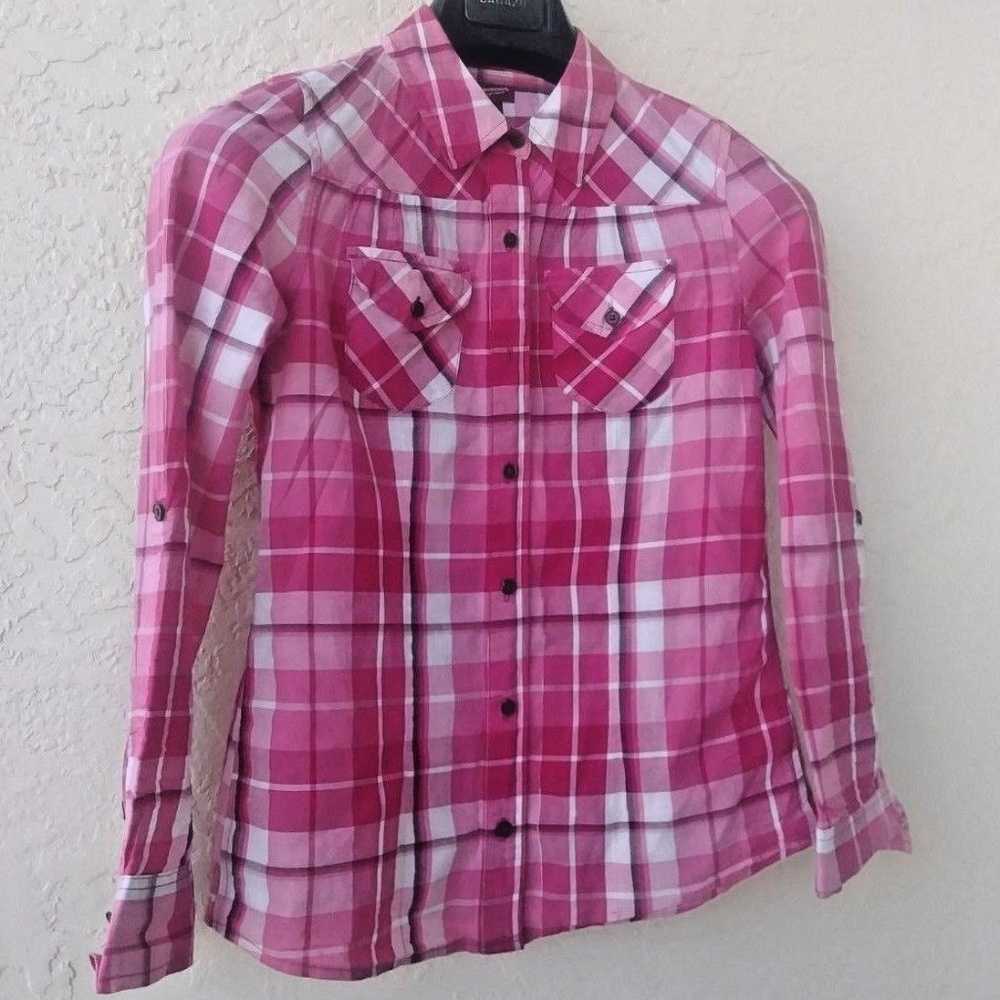 Girls Pink Plaid Top Shirt Blouse by Arizona Jean